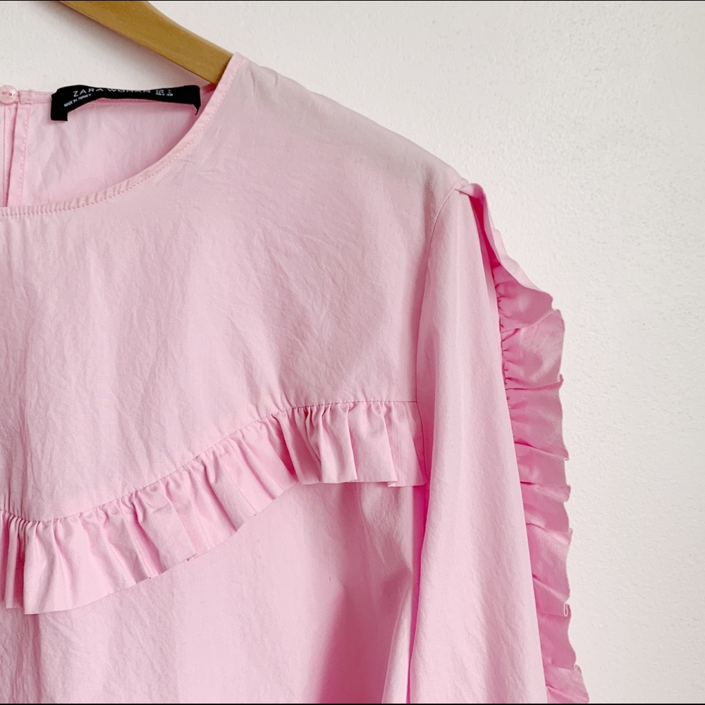 pastel pink ruffled raw hem cropped blouse - Picture 2 of 6